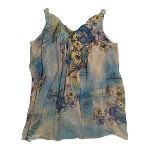 Mushka By Sienna Rose Blue Floral Sleeveless V-Neck Tank Top L Boho Sheer Blouse